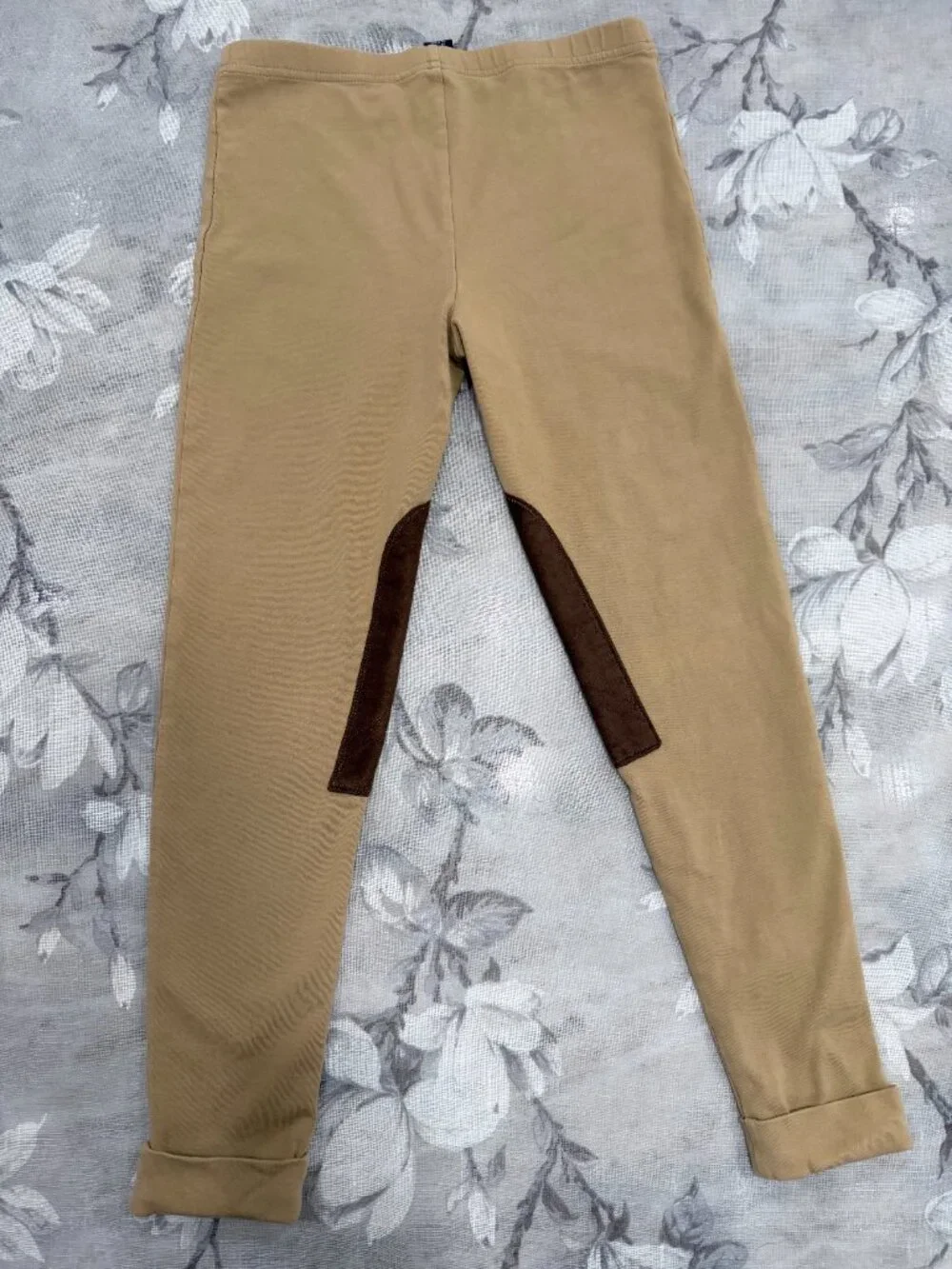 Ralph Lauren Girls XL 16 Equestrian Leggings Tan Brown Knee Patch Riding Pants